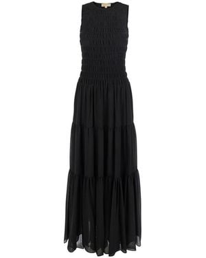 Michael Kors Crewneck Sleeveless Long Dress With Ruches And Ruffled Skirt - Black