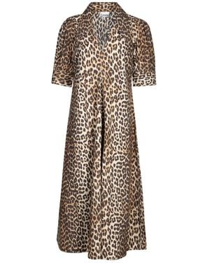 Ganni Leopard Print Long Dress - Natural