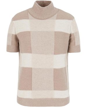 Emporio Armani Icon Short-Sleeved Virgin Wool Mock-Neck Jumper With A Plated Check Motif - Natural