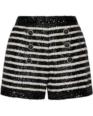 Balmain And Striped Shorts With Jewel Buttons - Black