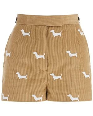 Thom Browne Khaki Corduroy Shorts With Dog Pattern - Natural