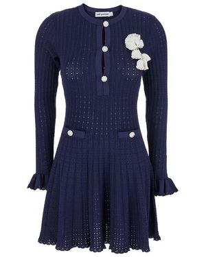 Self-Portrait Pointelle Knit Crochet Flower Mini Dress - Blue