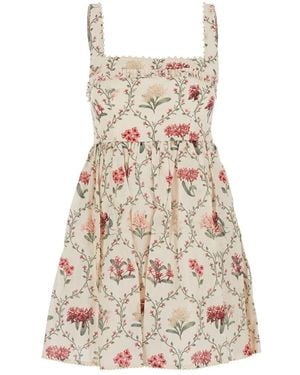 Agua Bendita 'Barbara' Short Dress With All-Over Floral Embroidery - Natural
