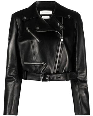 McQueen Cropped Leather Biker Jacket - Black