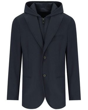 Emporio Armani Ribbed Single-Breasted Hooded Jacket - Blue