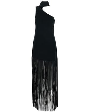 ‎Taller Marmo 'Atlanta' Long Dress With Asymmetric Neck And Fringed Detail - Black