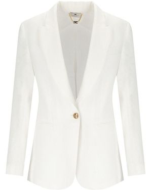 Elisabetta Franchi Ivory Linen Blend Single-Breasted Jacket - White