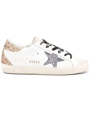 Golden Goose "Super Star" Leather Upper Glitter Star Heel And Spur Metal Lettering Shoes - White