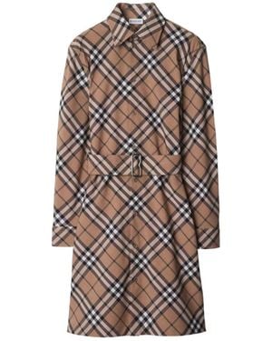 Burberry Check Wool Blend Chemisier Dress - Natural