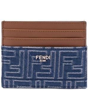 Fendi Leather And Denim-Effect Ff Jacquard Card Holder Accessories - Blue