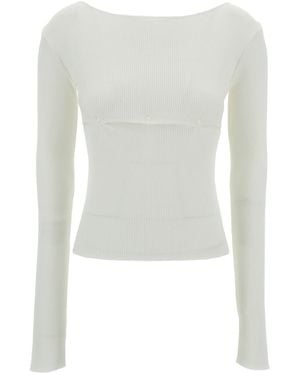 Low Classic Ribbed Top With Boat Neckline And Buttons - White