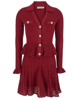 Self-Portrait Burgundy Pointelle Knit Mini Dress - Red