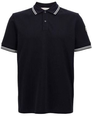 Moncler Cotton Pique Polo Shirt With Striped Hemline - Black