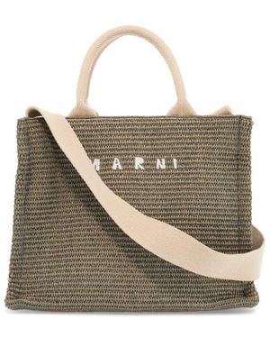 Marni Raffia-Effect Canvas Small Tote Bag - Green