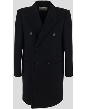 Saint Laurent Wool Coat Peak Lapels Long Sleeves - Black