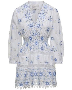 Temptation Positano Mini Dress With V-Neckline And Flower Embroideries - Blue