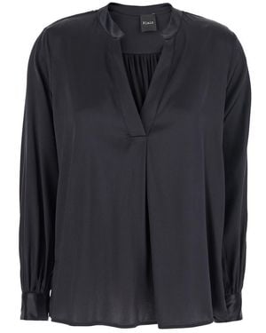 Plain Blouse With V Neck And Buttoned Cuffs - Black