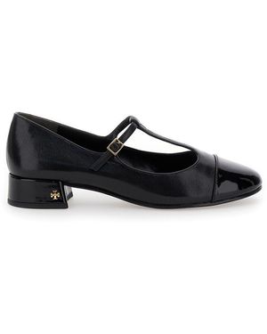 Tory Burch Ballet Shoes With Cap Toe And Low Block Heel - Black