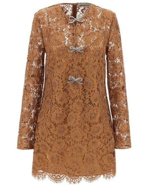 Self-Portrait Tan Lace Bow Mini Dresses - Brown