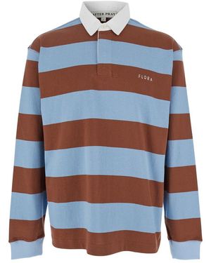 AFTER PRAY Light Polo Shirt With Logo Lettering On The Front And All-Over Striped Motif - Blue