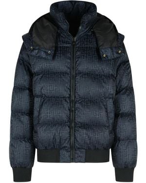 Balmain Short Nylon Jacquard Down Jacket With Monogram - Blue