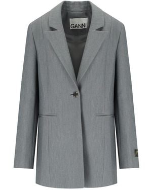 Ganni Melange Single-Breasted Blazer - Grey