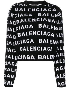 Balenciaga Allover Logo Wool Cropped Jumper - Black