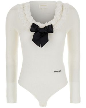 ShuShu/Tong Bodysuit With Decorated Neckline And Front Logo - White