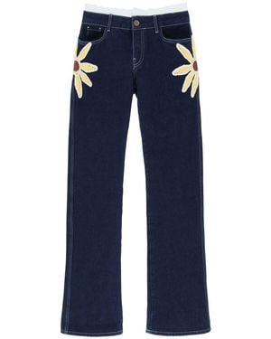 Siedres Low-Rise Jeans With Crochet Flowers - Blue