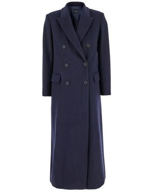 Plain Long Double-Breasted Coat - Blue