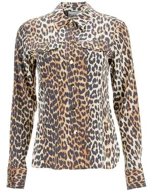 Ganni Leopard Print Satin Shirt - Brown