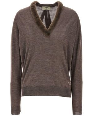 Fendi Wool And Silk V-Neck Jumper - Brown