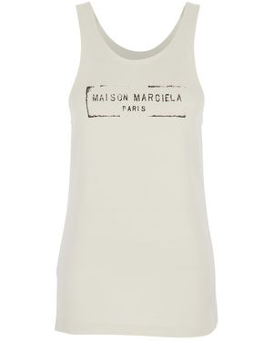 Maison Margiela Top With Wide Neckline And Logo Printed On The Front - Natural