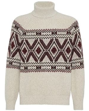 Brunello Cucinelli High Neck Geometric Jacquard Jumper - Grey