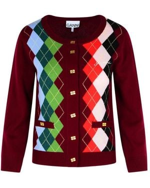 Ganni Burgundy Merino Wool Blend Check Cardigan - Red
