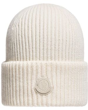 Moncler Moncler Leather Logo Cashmere Beanie - White