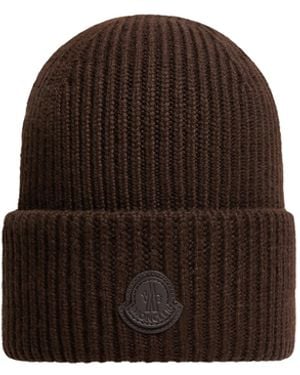 Moncler Moncler Leather Logo Cashmere Beanie - Brown