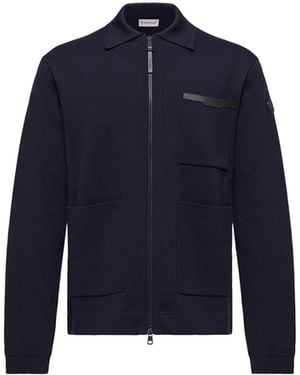 Moncler Moncler Leather Logo Wool Zip-Up Cardigan - Blue