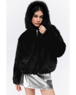 Monki Hooded Faux Fur Jacket - Black