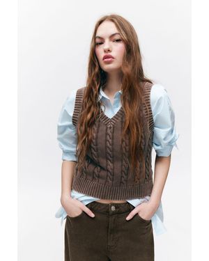 Monki Washed Cable-Knit V-Neck Vest - Brown