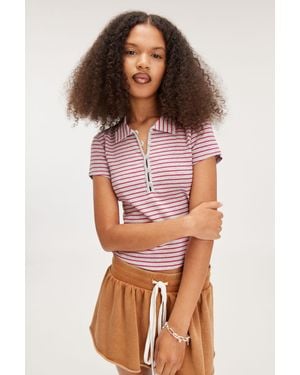 Monki Ribbed Short Sleeve Polo Top - Pink