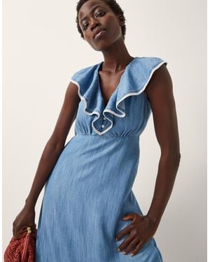 Monsoon Dottie Sleeveless Ruffle Midi Dress Blue