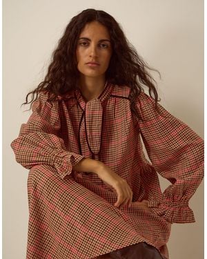 Monsoon Shelly Neck Tie Check Midi Dress Pink - Brown