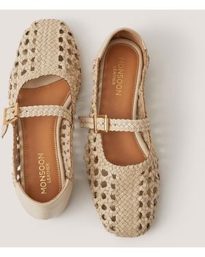 Monsoon Bessy Woven Leather Mary Jane Ballet Flats Ivory - Natural