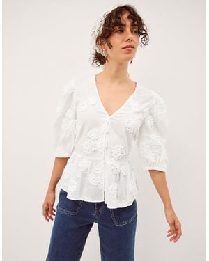 Monsoon Tammy Puff Sleeve Embroidered Top White