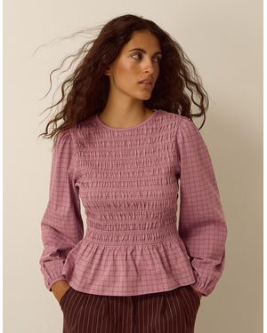Monsoon Charli Check Smocked Jersey Top Pink
