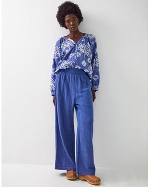 Monsoon East Stephanie Crinkled Cotton Trousers Blue