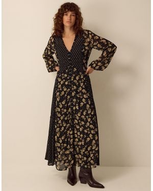 Monsoon Clemence Amelie Long Sleeve Contrast Print Midi Dress Black - Natural