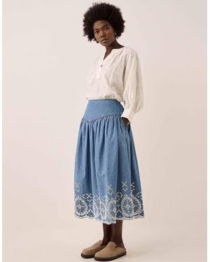 Monsoon East Coralie Denim Broderie Skirt Blue