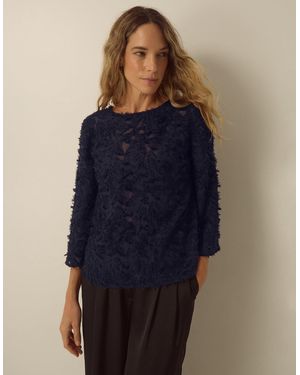 Monsoon Chrissy Bell Sleeve Textured Fringe Top Blue